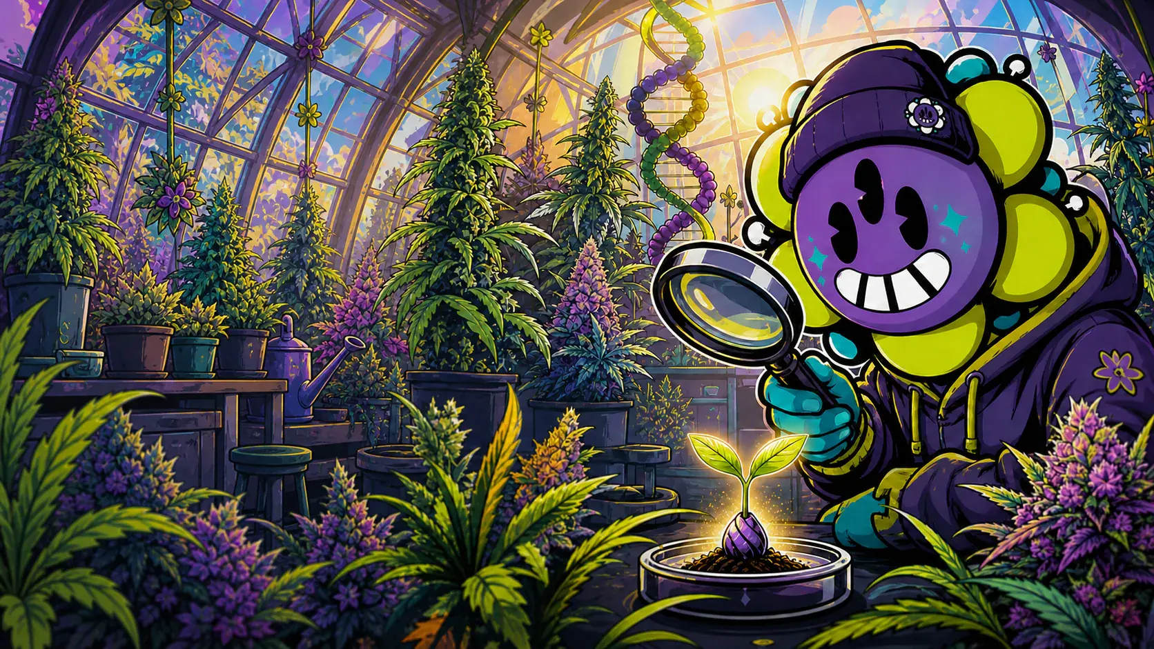 99SEEDS Illustration mit Cannabispflanzen und Genetik-Motiv