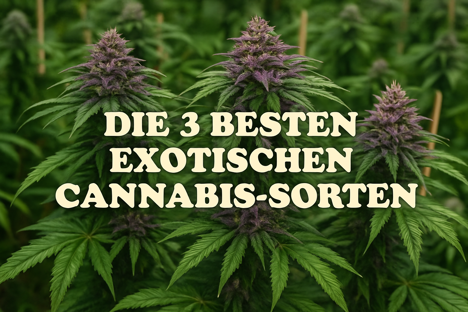 Bild mit drei exotischen Cannabis-Sorten: Top Empfehlungen für besondere Aromen und Wachstumsmerkmale in Ihrem Garten.