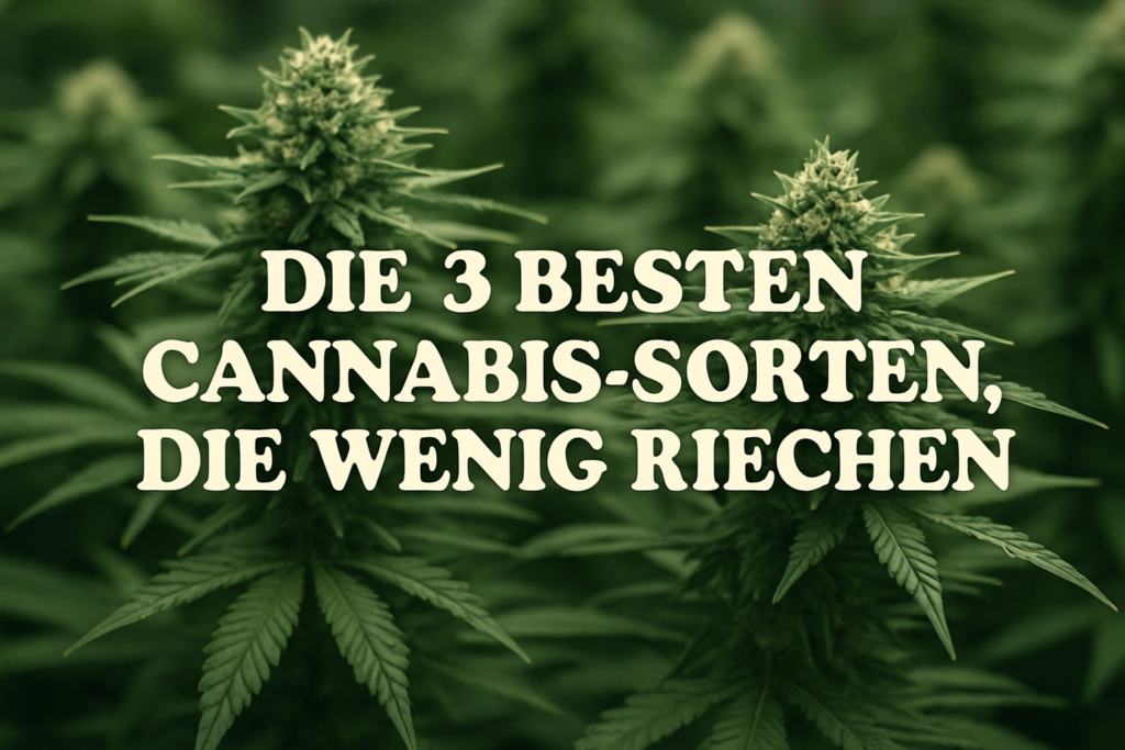 Bild zeigt drei geruchlose Cannabis-Sorten für diskreten Anbau. Perfekt für unauffällige Gärten und geruchsfreie Ernten.