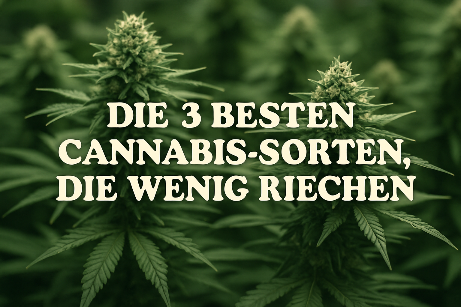 Bild zeigt drei geruchlose Cannabis-Sorten für diskreten Anbau. Perfekt für unauffällige Gärten und geruchsfreie Ernten.