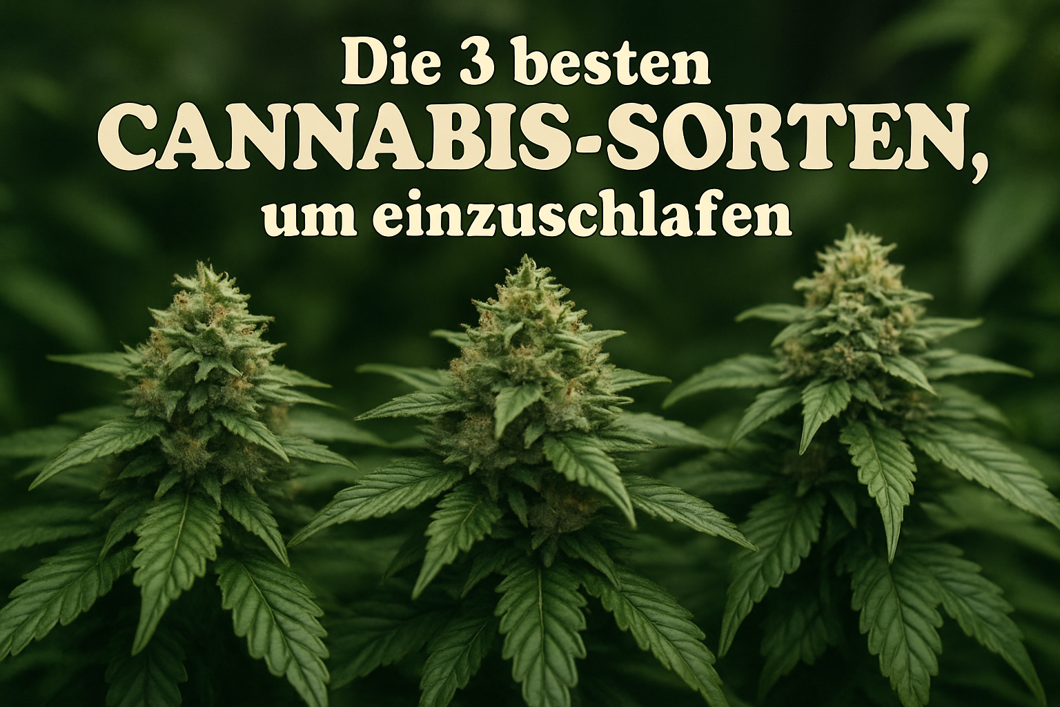 Bild zeigt drei Cannabis-Sorten auf einem Holztisch, die Schlaf fördern. Ideal für Blog-Beitrag über natürlichen Schlafhilfen durch Cannabis.