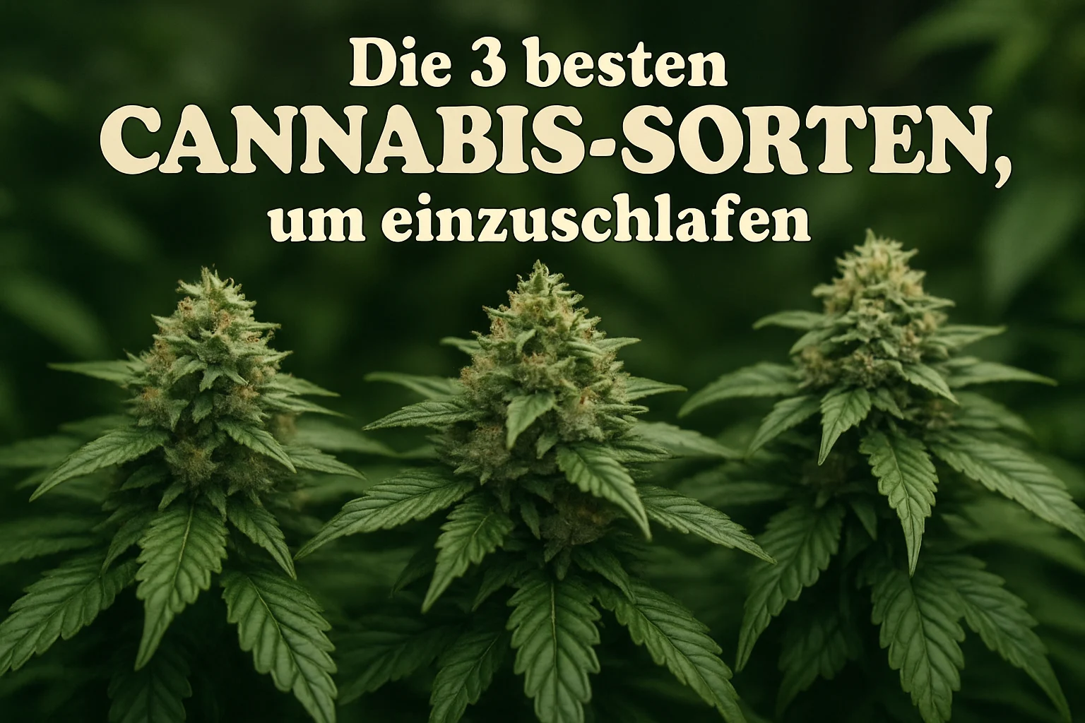 Bild zeigt drei Cannabis-Sorten auf einem Holztisch, die Schlaf fördern. Ideal für Blog-Beitrag über natürlichen Schlafhilfen durch Cannabis.