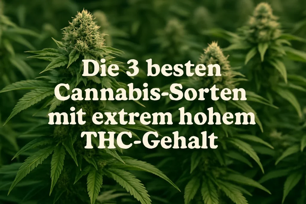 Bild zeigt die Top 3 Cannabissorten mit höchstem THC-Gehalt: detaillierte Nahaufnahme von Buds und Trichomen.