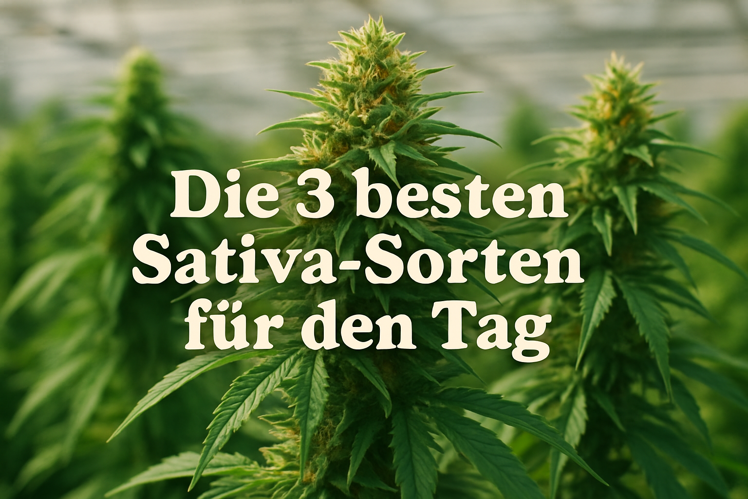 Bild von drei Sativa-Cannabispflanzen im Tageslicht, ideal für Anbau: Entdecke die Top 3 Sorten für Energie und Kreativität.