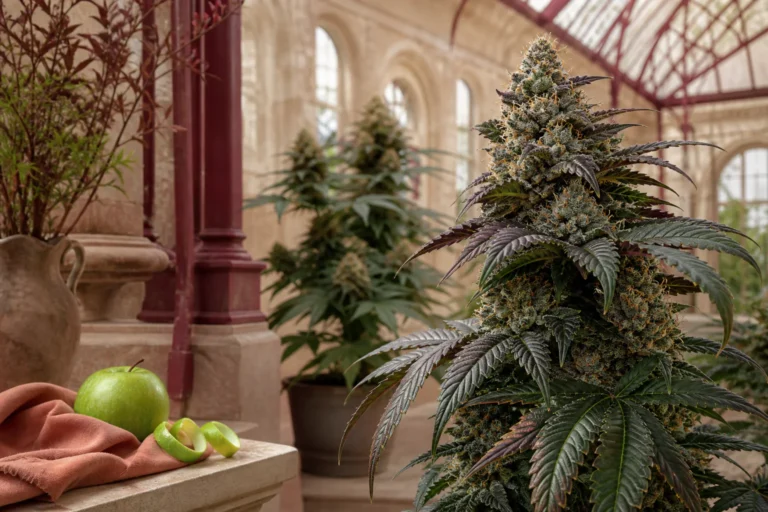 Apple-Fritter-Cannabispflanze mit grünem Apfel und Apfelschale in einem hellen Gewächshaus