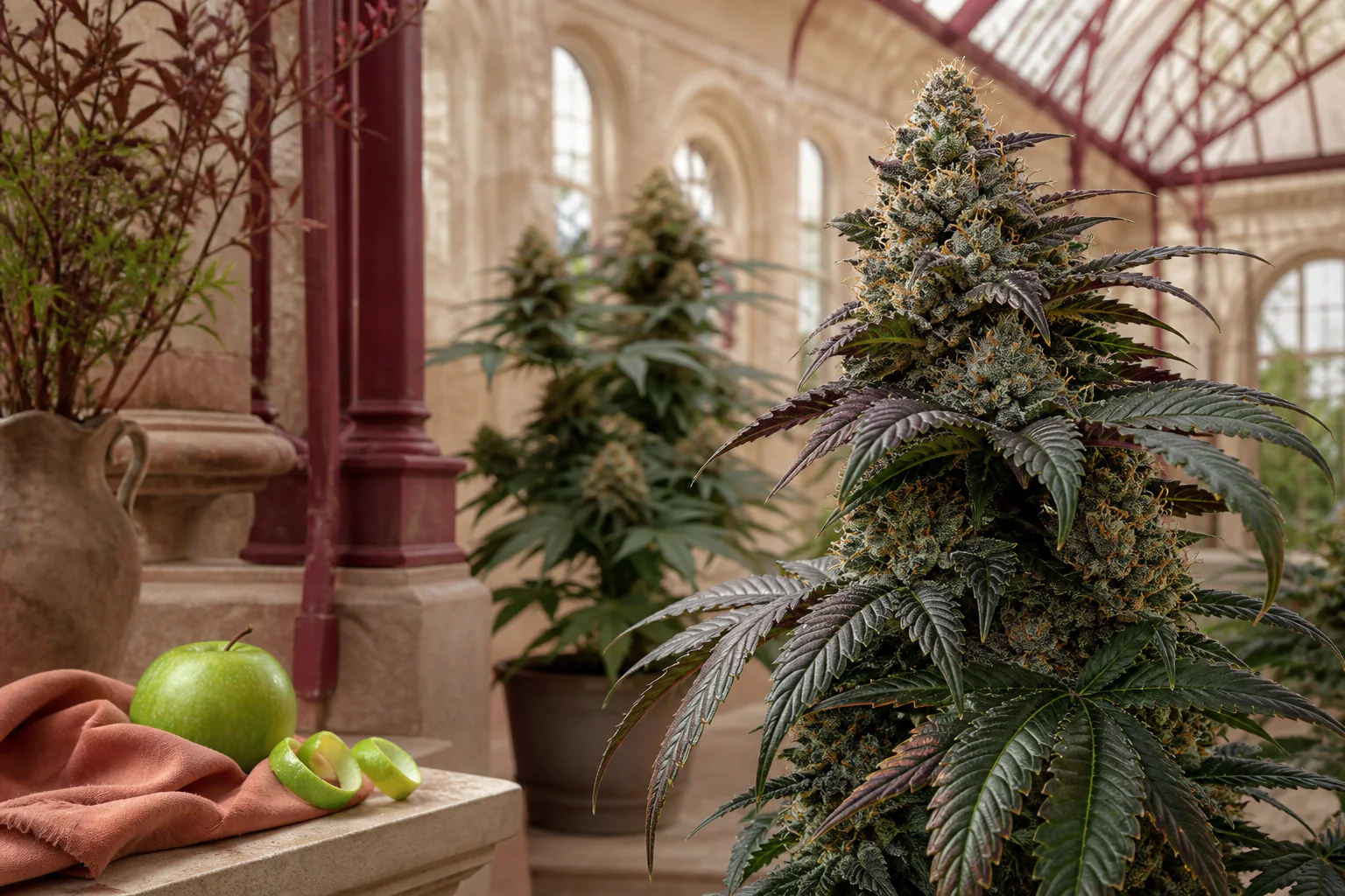 Apple-Fritter-Cannabispflanze mit grünem Apfel und Apfelschale in einem hellen Gewächshaus
