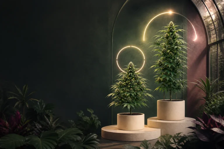 Kompakte Autoflower und größere photoperiodische Cannabispflanze vor abstrakten Lichtzyklen im petrolfarbenen Gewächshaus