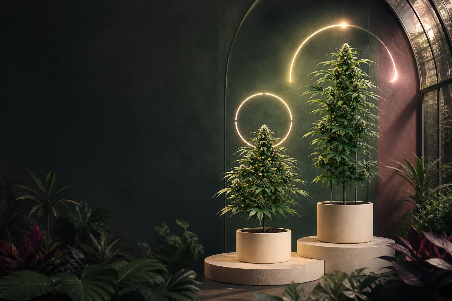 Kompakte Autoflower und größere photoperiodische Cannabispflanze vor abstrakten Lichtzyklen im petrolfarbenen Gewächshaus