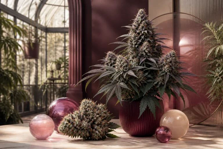 Bubblegum-Gelato-Cannabispflanze mit roséfarbenen Glaskugeln in einem eleganten Gewächshaus