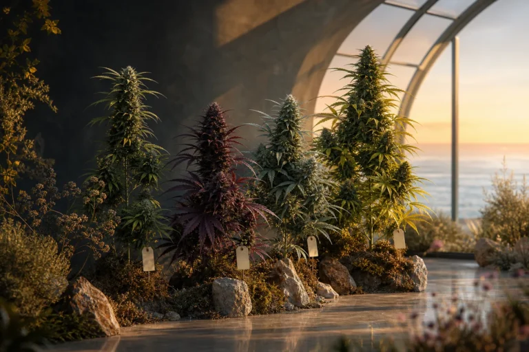 Vier unterschiedliche Cannabispflanzen als kuratierte Cali-Genetik-Sammlung in einem Gewächshaus bei Sonnenuntergang