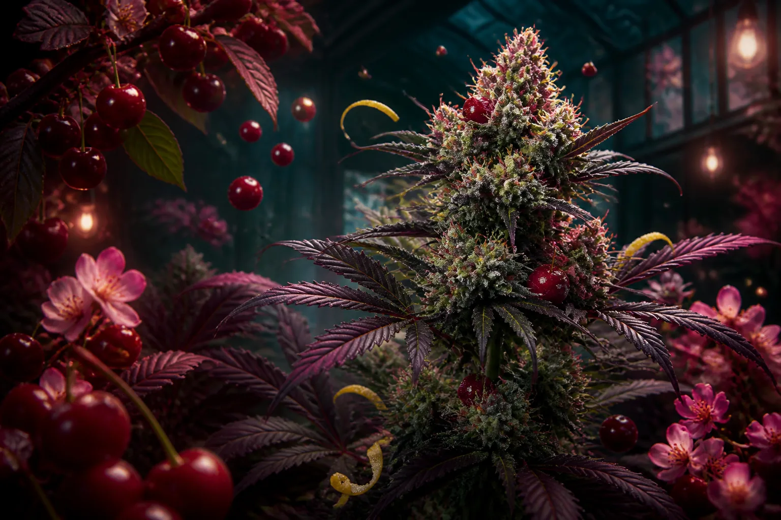Cherry Poppers Cannabisblüte mit Kirschmotiven in einem dunklen petrolfarbenen Gewächshaus