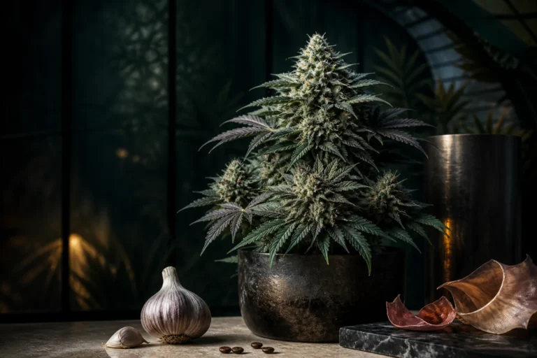 Kompakte Garlic-Cookies-Cannabispflanze mit separatem Knoblauch, Kaffeebohnen und Metallakzenten im dunklen Gewächshaus