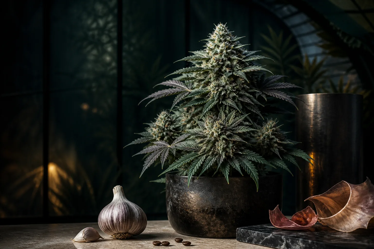 Kompakte Garlic-Cookies-Cannabispflanze mit separatem Knoblauch, Kaffeebohnen und Metallakzenten im dunklen Gewächshaus