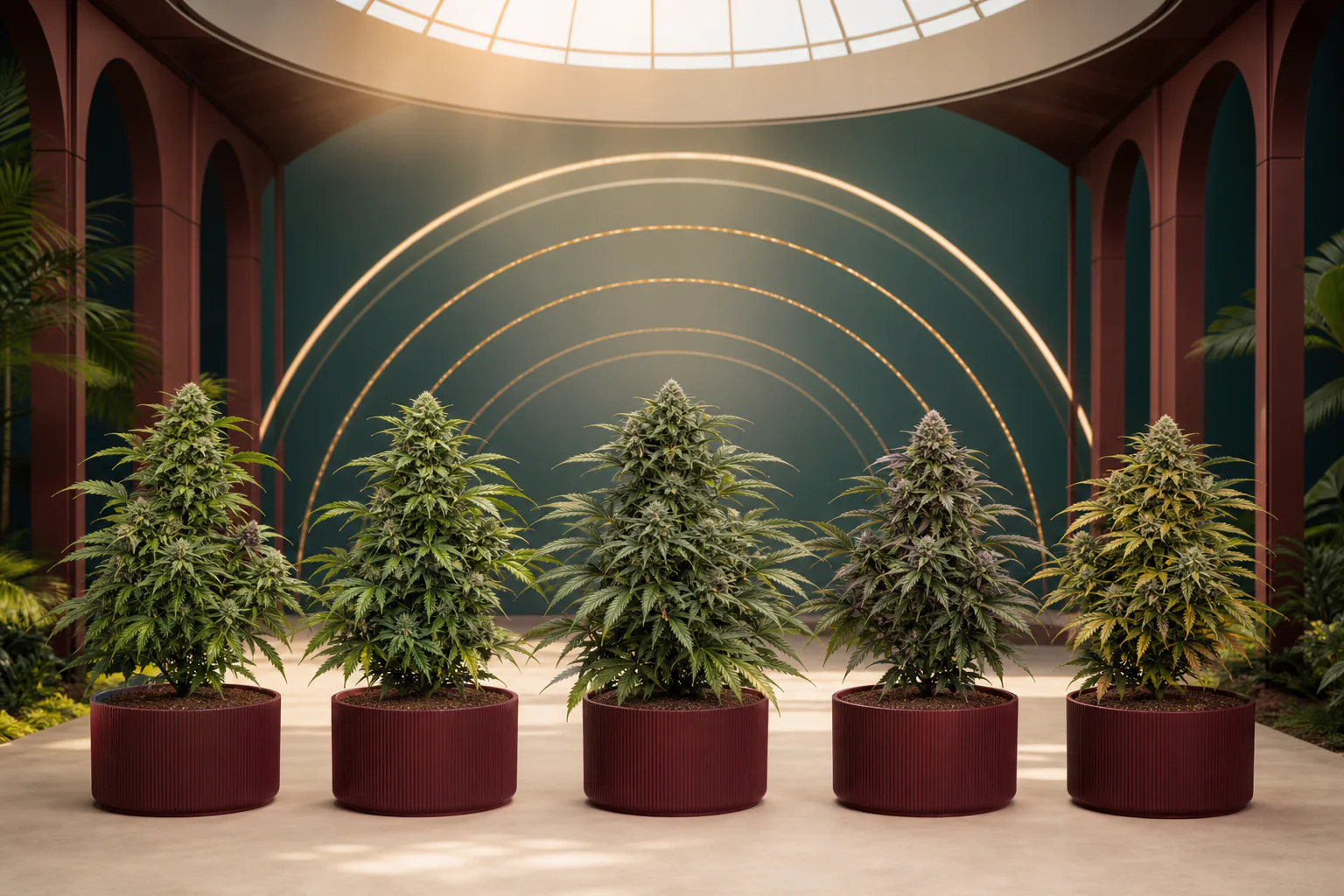 Fünf kompakte Cannabispflanzen unter konzentrischen Lichtbögen in einem petrolfarbenen Gewächshaus