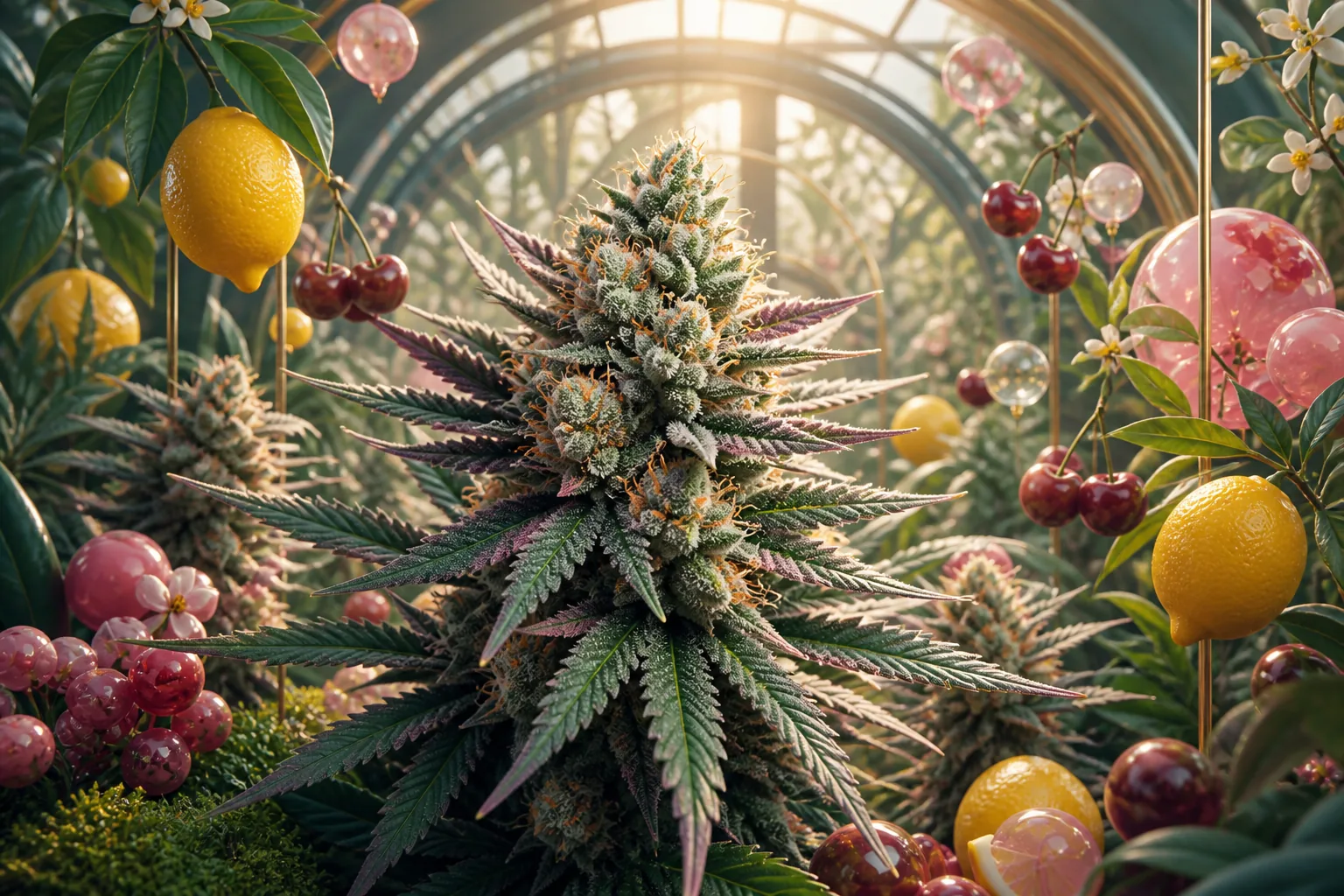 Lemon Cherry Gelato Cannabisblüte mit Zitronen- und Kirschmotiven in einem hellen Gewächshaus