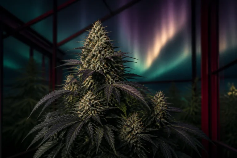Kompakte Northern-Lights-Cannabispflanze in einem dunklen Gewächshaus mit Polarlichtfarben