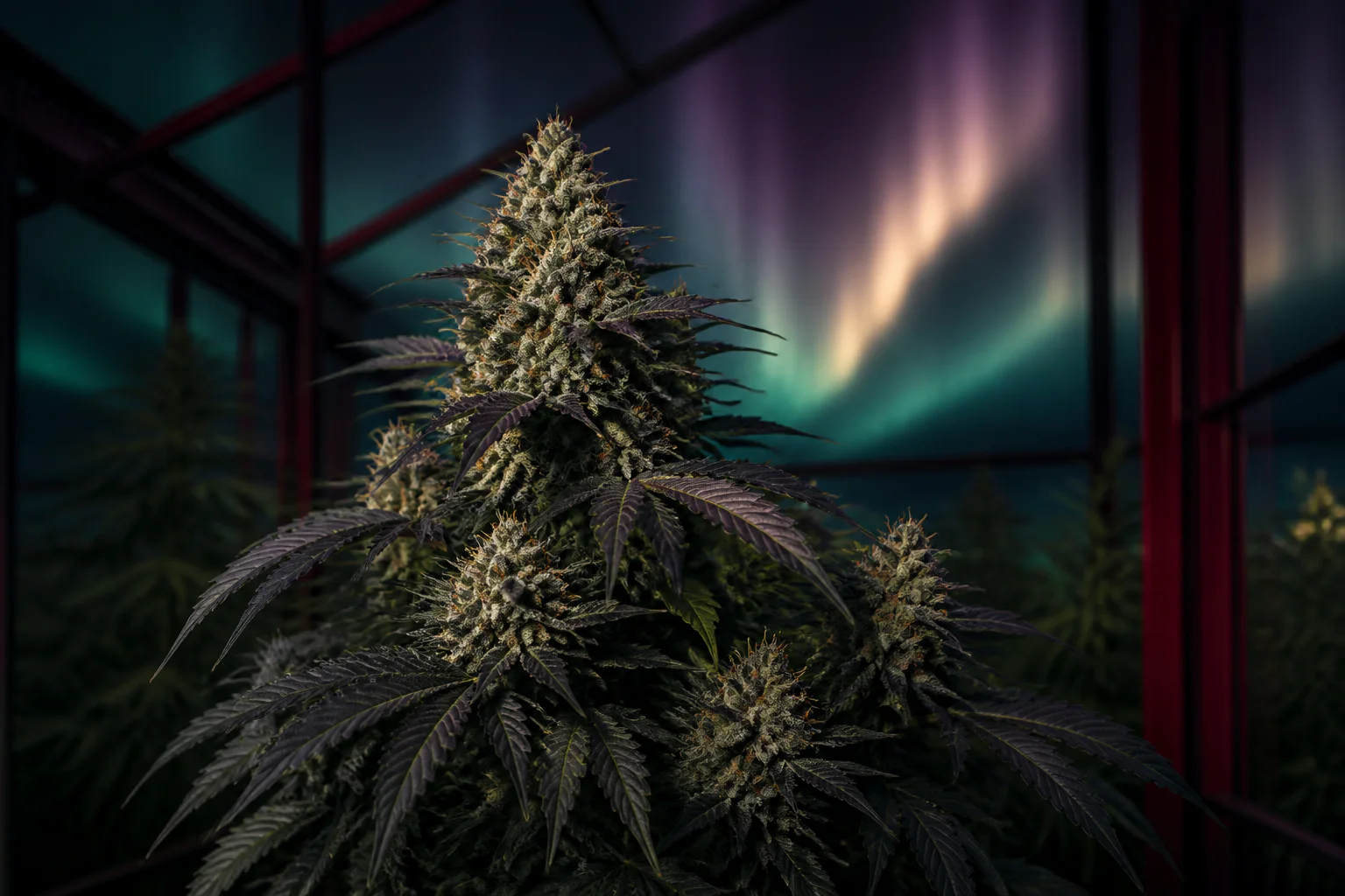 Kompakte Northern-Lights-Cannabispflanze in einem dunklen Gewächshaus mit Polarlichtfarben