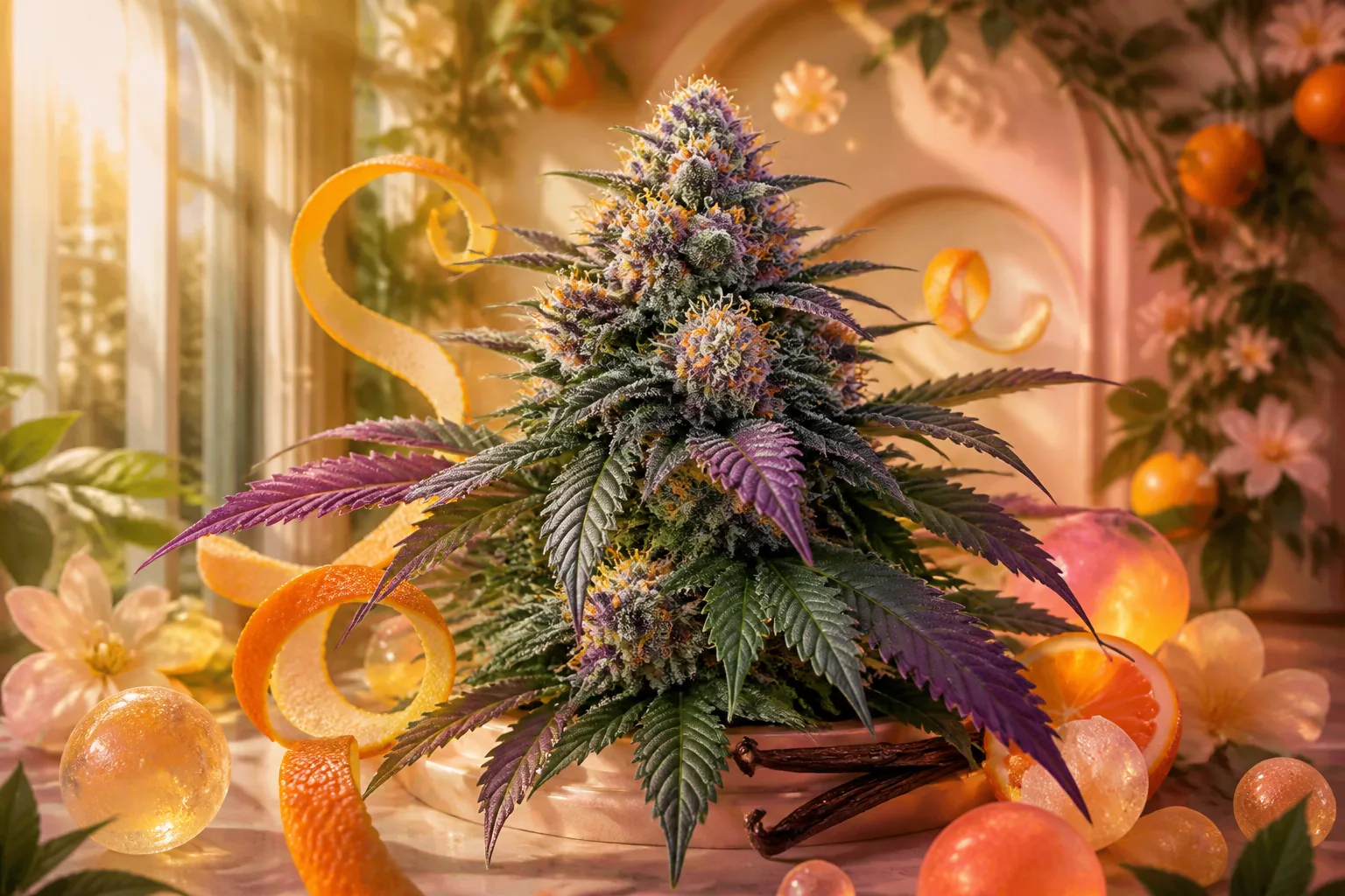 Orange Sherbert Cannabisblüte mit Orangenschalen und warmem cremefarbenem Licht